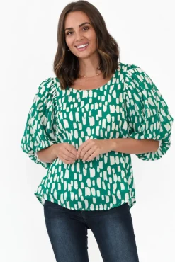 Sleeved Tops<New U Collection Amsterdam Green Fleck Puff Sleeve Top
