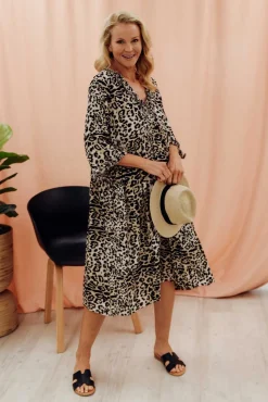 Midi Dresses<Red Lotus Andi Beige Leopard Midi Dress