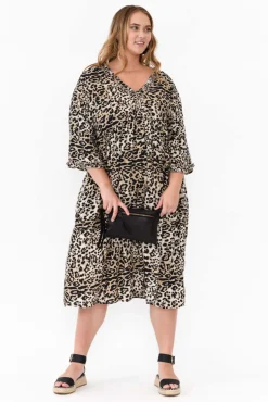 Midi Dresses<Red Lotus Andi Beige Leopard Midi Dress