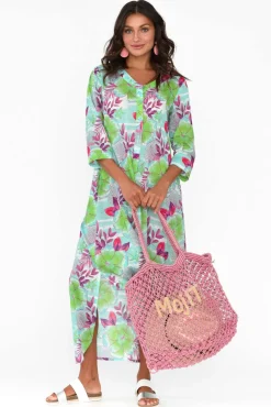 Cotton Dresses<One Summer Apia Aqua Flower Cotton Maxi Dress