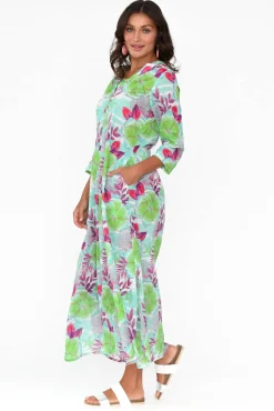 Cotton Dresses<One Summer Apia Aqua Flower Cotton Maxi Dress