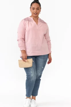 Sleeved Tops<Cali and Co April Blush Cotton V Neck Top