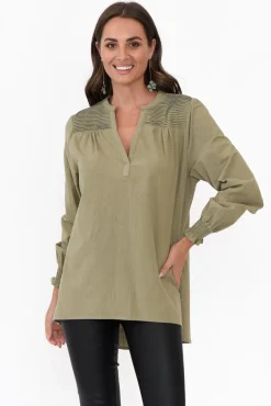 Sleeved Tops<Cali and Co April Khaki Cotton V Neck Top