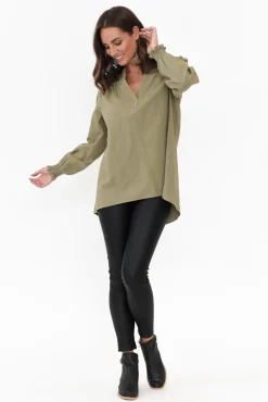 Sleeved Tops<Cali and Co April Khaki Cotton V Neck Top