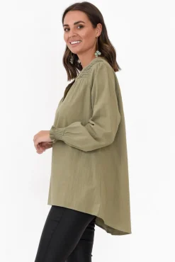 Sleeved Tops<Cali and Co April Khaki Cotton V Neck Top