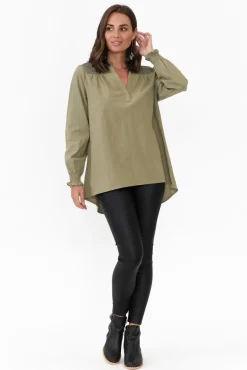 Sleeved Tops<Cali and Co April Khaki Cotton V Neck Top