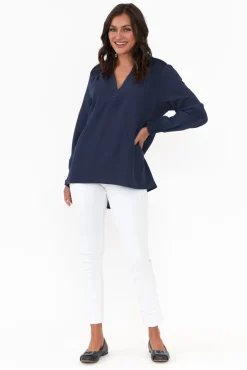 Sleeved Tops<Cali and Co April Navy Cotton V Neck Top