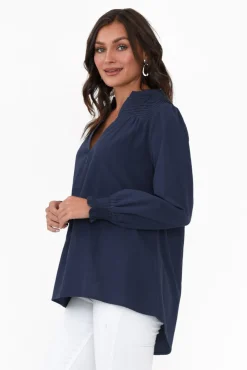 Sleeved Tops<Cali and Co April Navy Cotton V Neck Top