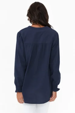 Sleeved Tops<Cali and Co April Navy Cotton V Neck Top