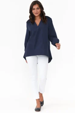 Sleeved Tops<Cali and Co April Navy Cotton V Neck Top