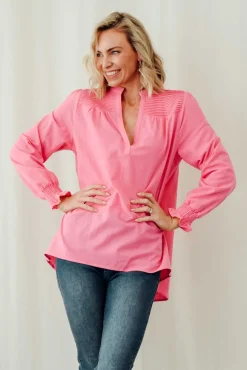 Cotton Tops<Cali and Co April Pink Cotton V Neck Top
