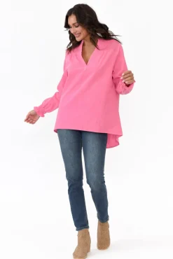 Cotton Tops<Cali and Co April Pink Cotton V Neck Top