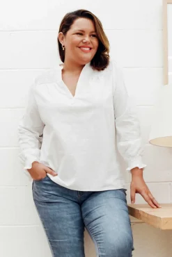 Sleeved Tops<Cali and Co April White Cotton V Neck Top