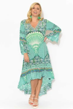 Below Knee Dresses<Fashion Spectrum Aqua Mosaic Silk Frill Dress