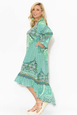 Below Knee Dresses<Fashion Spectrum Aqua Mosaic Silk Frill Dress