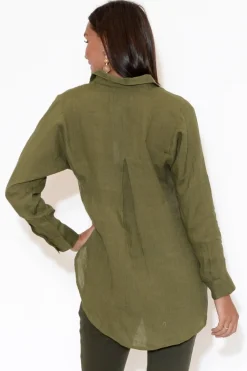Linen Tops<Escape Aspen Olive Hi Lo Linen Shirt