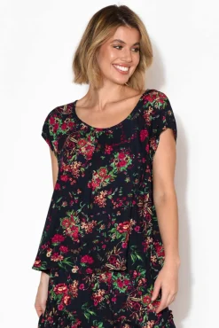 Sleeved Tops<Red Lotus Aurora Navy Rose Short Sleeve Top