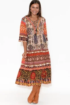 Midi Dresses<Escape Austin Orange Abstract Flared Sleeve Dress