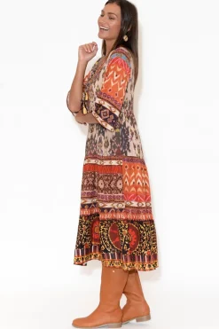 Midi Dresses<Escape Austin Orange Abstract Flared Sleeve Dress