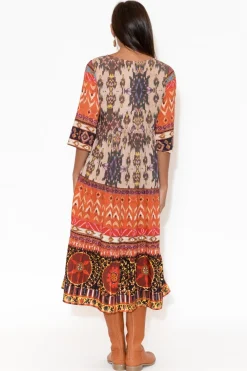 Midi Dresses<Escape Austin Orange Abstract Flared Sleeve Dress