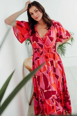 Maxi Dresses<Label of Love Avenly Pink Abstract Frill V Neck Dress