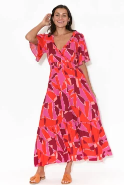 Maxi Dresses<Label of Love Avenly Pink Abstract Frill V Neck Dress