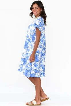 Linen Dresses<Cali and Co Ayita Blue Flower Linen Dress