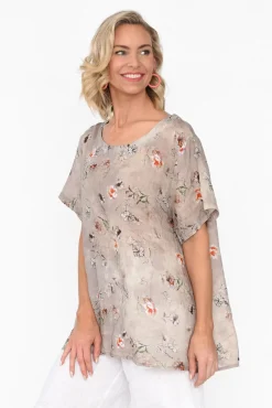 Linen Tops<Cali and Co Baraka Beige Flower Linen Top