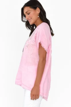 Linen Tops<La Strada Benita Pink Foil Linen Top