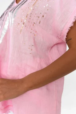 Linen Tops<La Strada Benita Pink Foil Linen Top