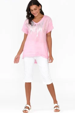 Linen Tops<La Strada Benita Pink Foil Linen Top