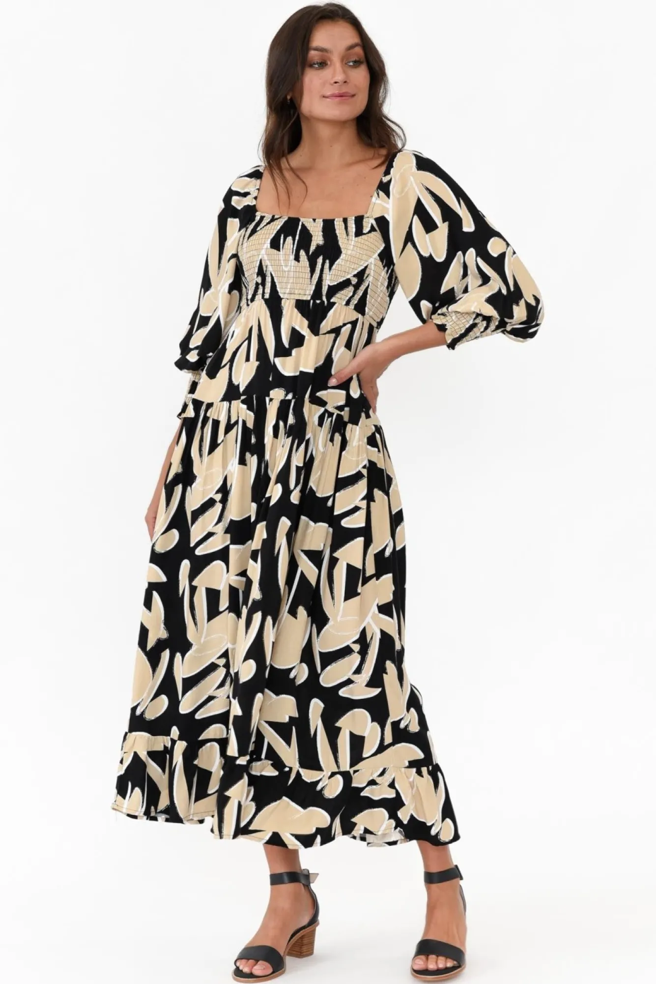 Midi Dresses<Silver Wishes Beverly Black Abstract Shirred Tier Dress