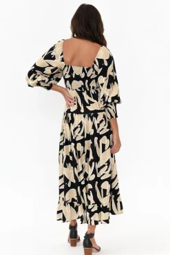 Midi Dresses<Silver Wishes Beverly Black Abstract Shirred Tier Dress