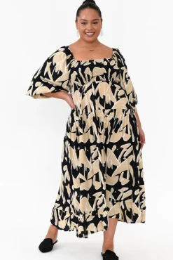 Midi Dresses<Silver Wishes Beverly Black Abstract Shirred Tier Dress