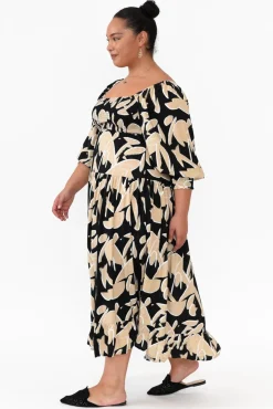 Midi Dresses<Silver Wishes Beverly Black Abstract Shirred Tier Dress