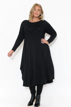 Midi Dresses<Tani Black Long Sleeved Micro Modal Drape Dress