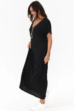 Cotton Dresses<Cotton Village Black Pocket Crinkle Cotton Draped Dress