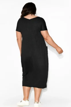 Cotton Dresses<Cotton Village Black Pocket Crinkle Cotton Draped Dress