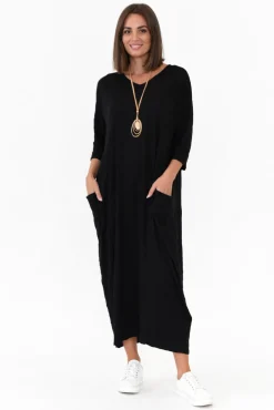 Cotton Dresses<Cotton Village Black Sleeved Pocket Crinkle Cotton Dress