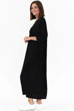 Cotton Dresses<Cotton Village Black Sleeved Pocket Crinkle Cotton Dress