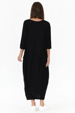 Cotton Dresses<Cotton Village Black Sleeved Pocket Crinkle Cotton Dress