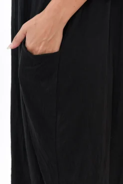 Cotton Dresses<Cotton Village Black Sleeved Pocket Crinkle Cotton Dress