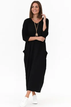 Cotton Dresses<Cotton Village Black Sleeved Pocket Crinkle Cotton Dress