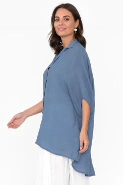 Cotton Tops<Cotton Village Blue Cotton Blend Hi Lo Shirt