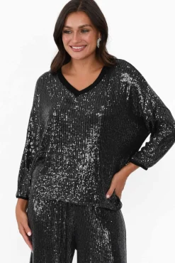 Sleeved Tops<La Strada Braxton Black Sequin V Neck Top