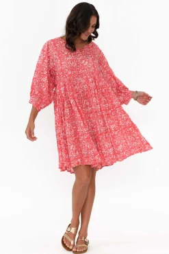 Cotton Dresses<One Summer Brenna Red Flower Cotton Button Dress