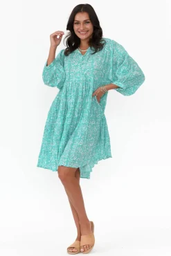 Cotton Dresses<One Summer Brenna Teal Flower Cotton Button Dress