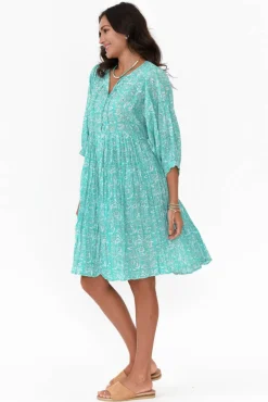 Cotton Dresses<One Summer Brenna Teal Flower Cotton Button Dress
