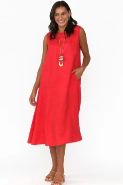 Midi Dresses<Tirelli Brielle Red Linen Dress
