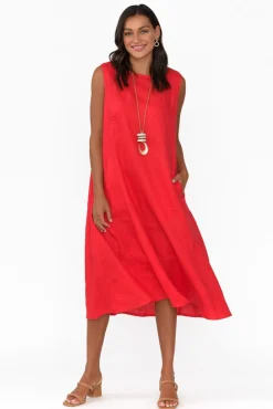 Midi Dresses<Tirelli Brielle Red Linen Dress